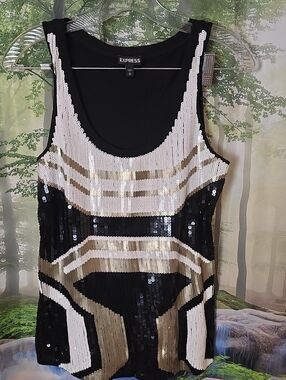 Express Black, White & Gold Sequin Tank